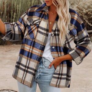 Plaid Shacket Jacket Size Medium Blue Tan Button Front Lightweight
